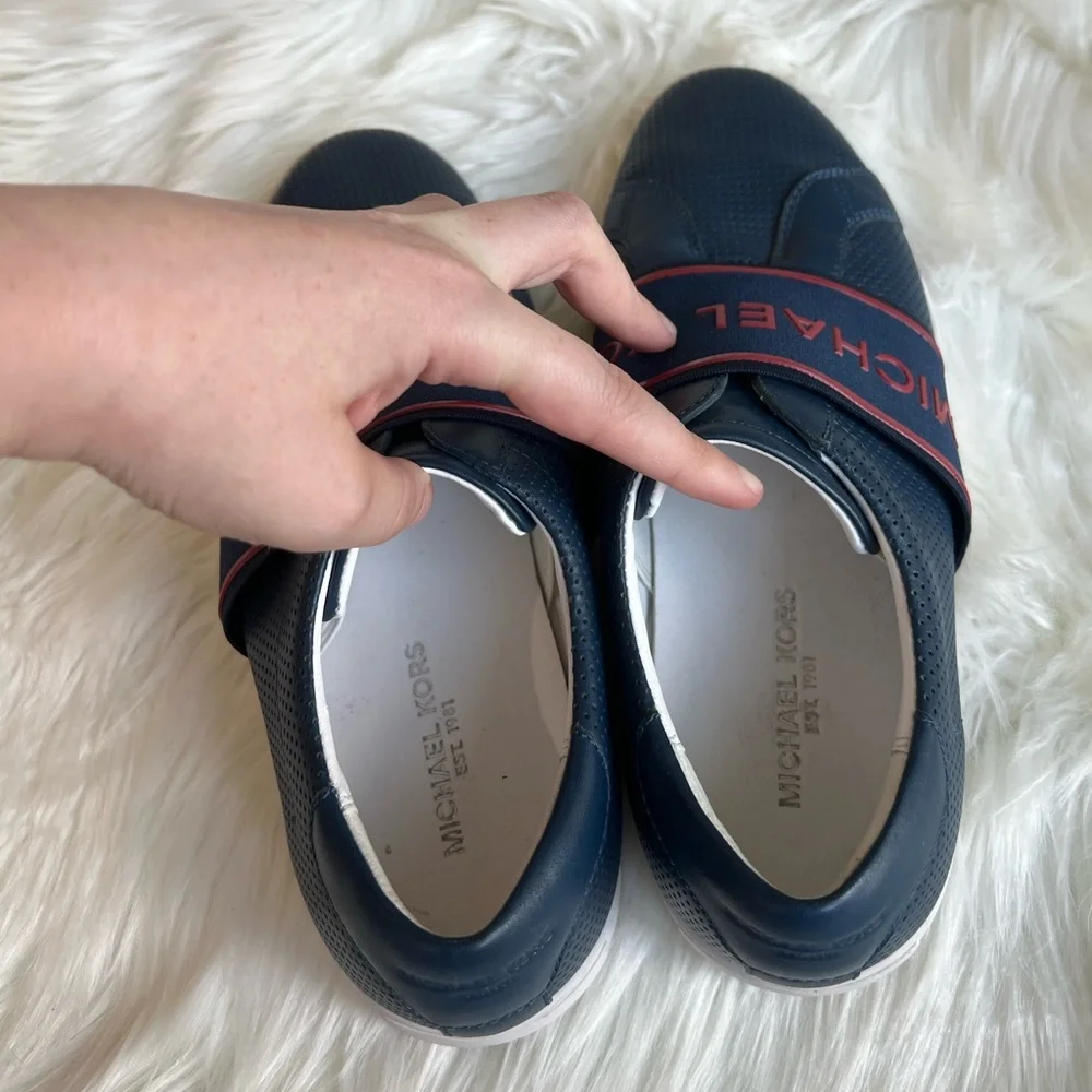 Michael Kors men’s size 7.5 navy dark blue and red leather slip on loafers